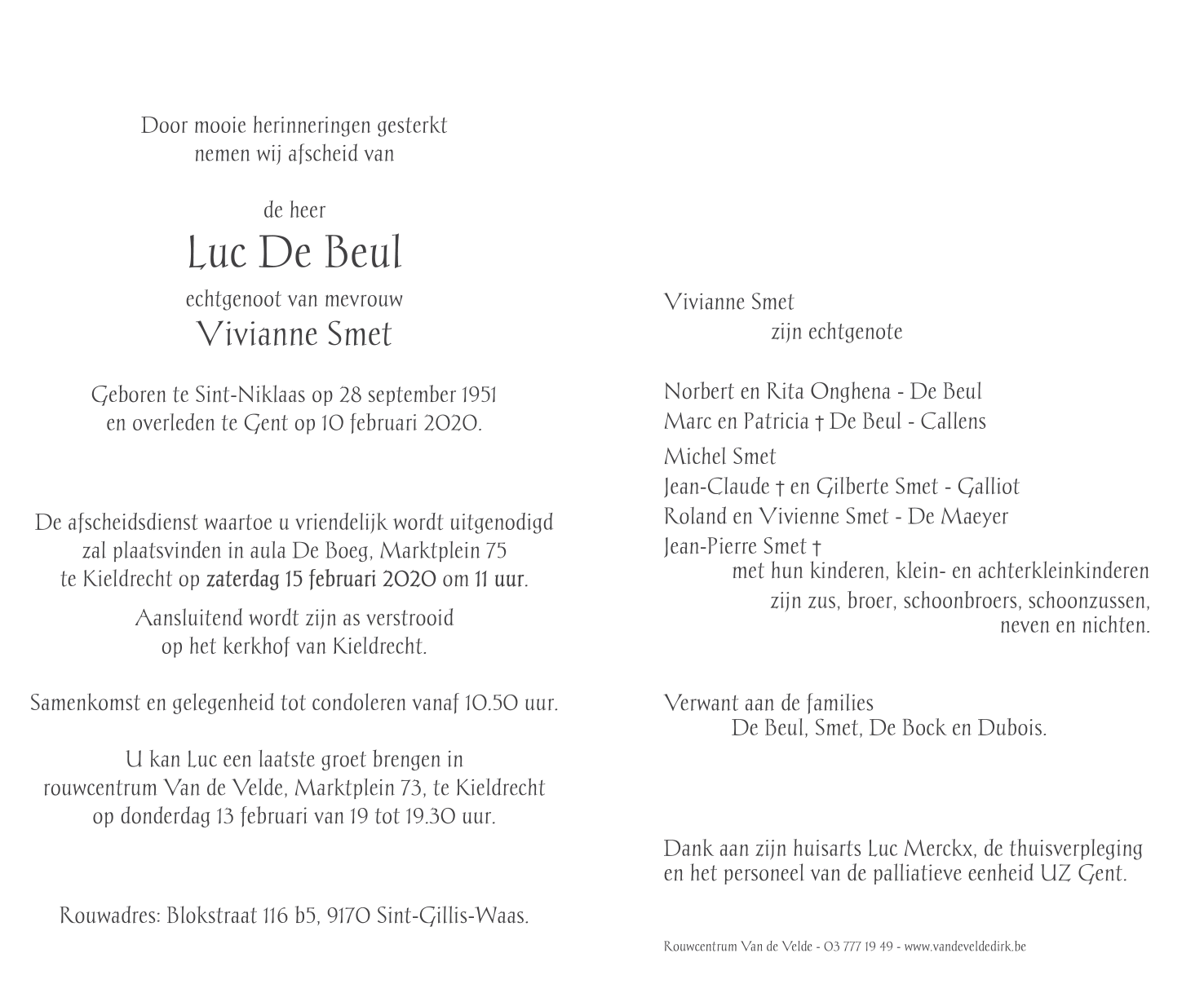 Overlijdensberichten Van De Velde Uitvaartzorg